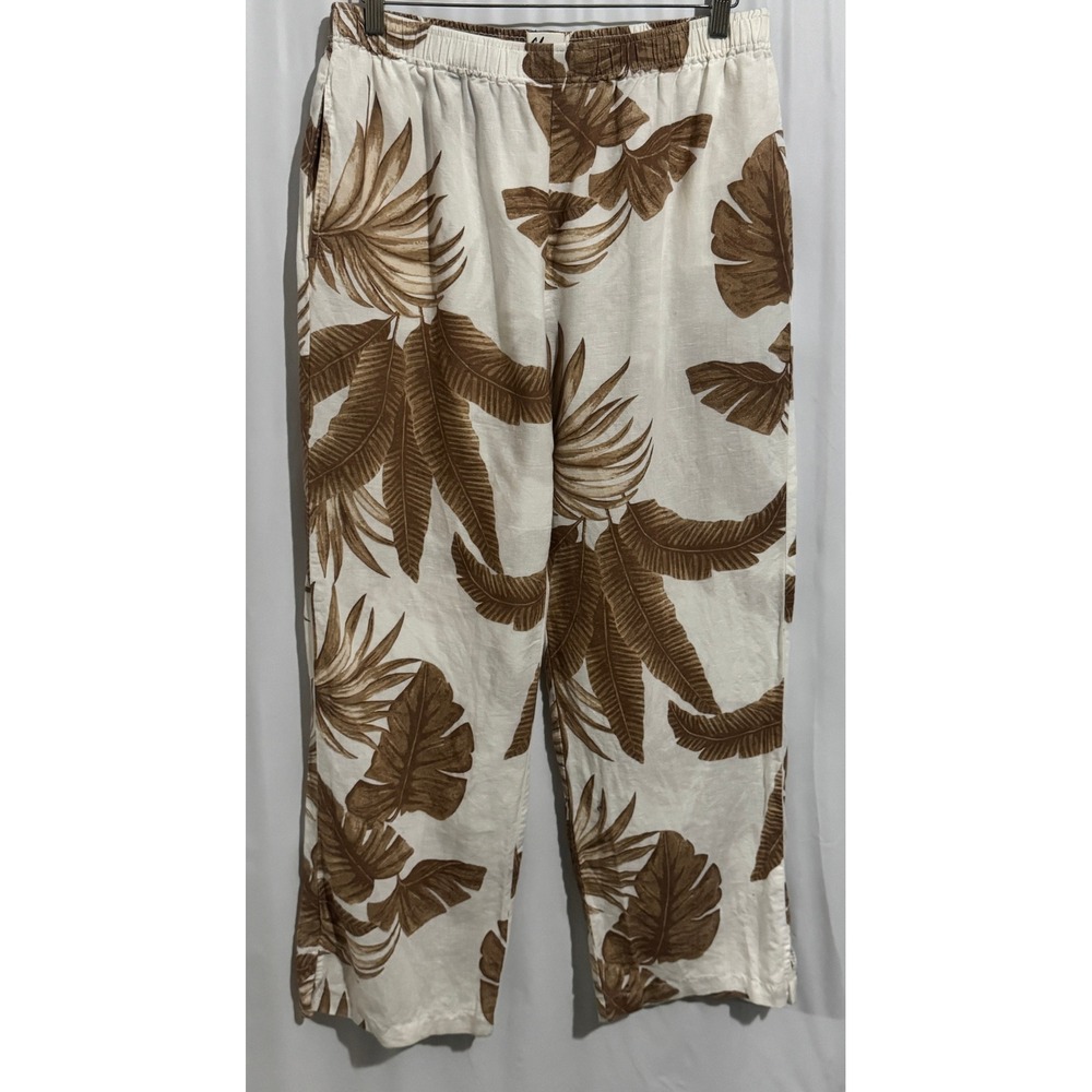 Size Large - Andrea Jovine Linen Blend Tropical Palm Print Pull On Pants